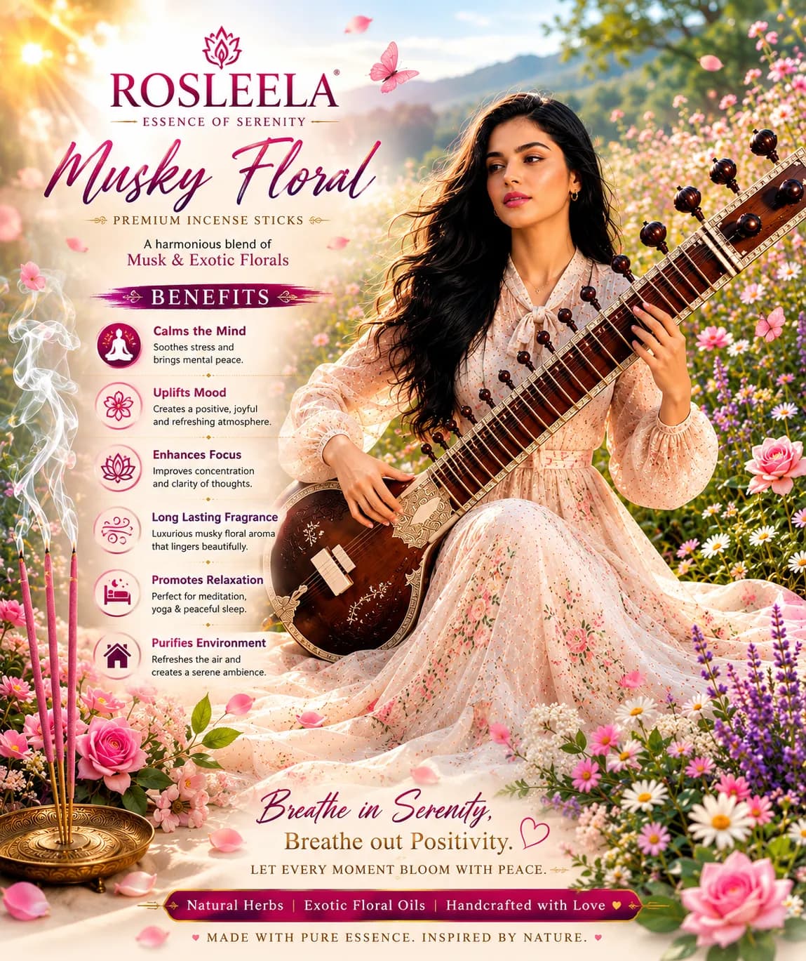 Rosleela Musky Floral Room Freshener Incense Sticks | Sweet musky Floral Agarbatti for Study & Home(60 pcs)
