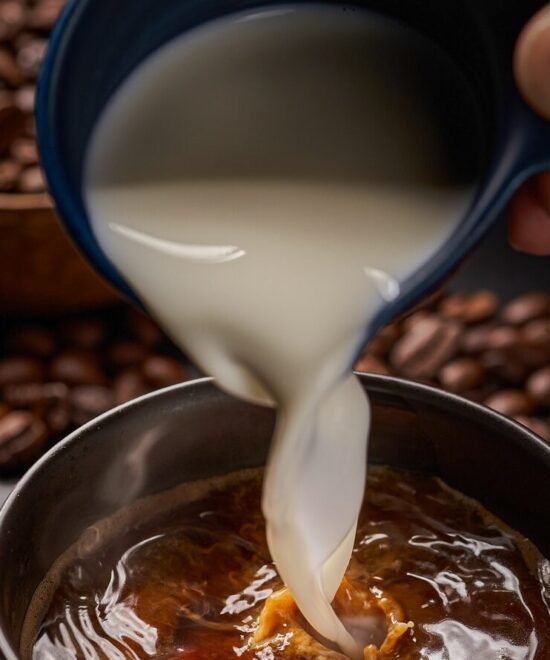 Close-up of a cup of coffee with milk on a ground of roasted coffee beans
