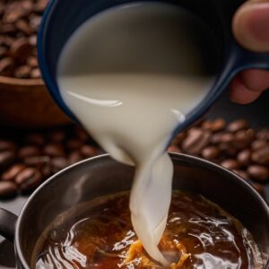 Close-up of a cup of coffee with milk on a ground of roasted coffee beans