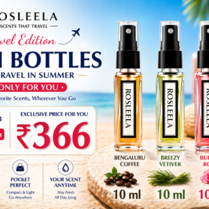 Rosleela 3x10ml Perfume Set – Bengaluru Coffee, Breezy Vetiver & Bubbly Rose Fragrances