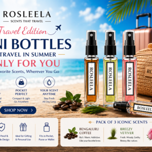 Rosleela 3x10ml Perfume Set – Bengaluru Coffee, Breezy Vetiver & Bubbly Rose Fragrances