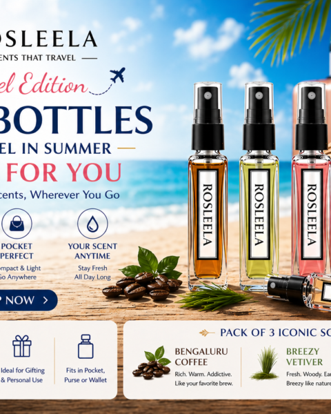 Rosleela 3x10ml Perfume Set – Bengaluru Coffee, Breezy Vetiver & Bubbly Rose Fragrances